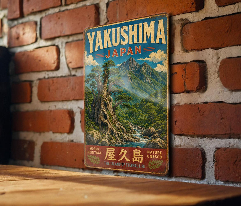 A vintage metal sign with the text "YakUSHIMA JAPAN" and an illustration of a mountainous landscape with a tree, hanging on a brick wall.
