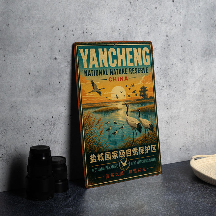A vintage-style sign for the Yacheng National Nature Reserve in China, featuring an illustration of birds in a natural setting.