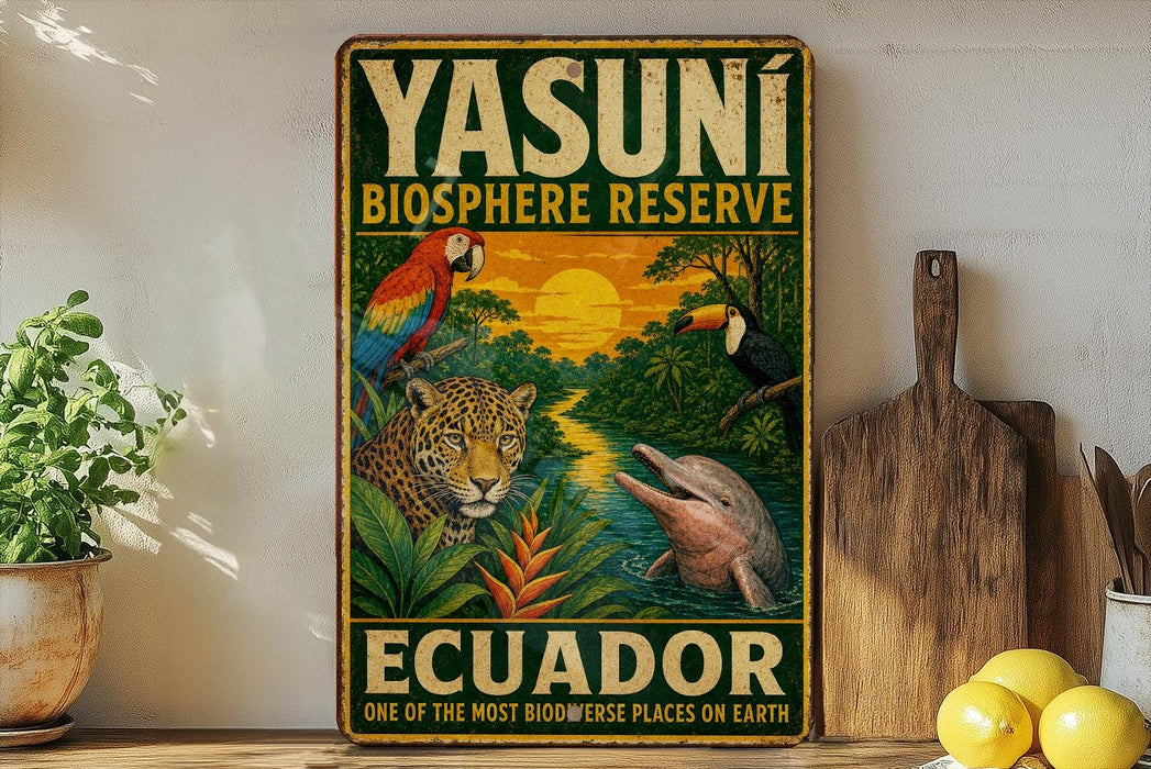 A vintage-style metal sign advertising the Yasuni Biosphere Reserve in Ecuador, featuring colorful illustrations of various animals and plants.