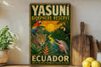 A vintage-style metal sign advertising the Yasuni Biosphere Reserve in Ecuador, featuring colorful illustrations of various animals and plants.