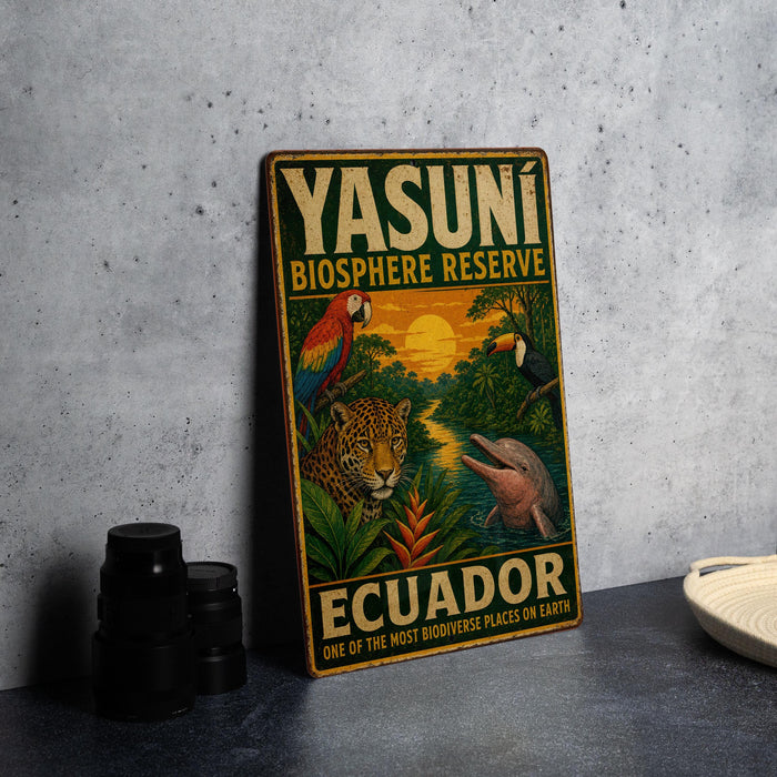 A vintage-style metal sign advertising the Yasuni Biosphere Reserve in Ecuador, featuring colorful illustrations of various animals and plants.