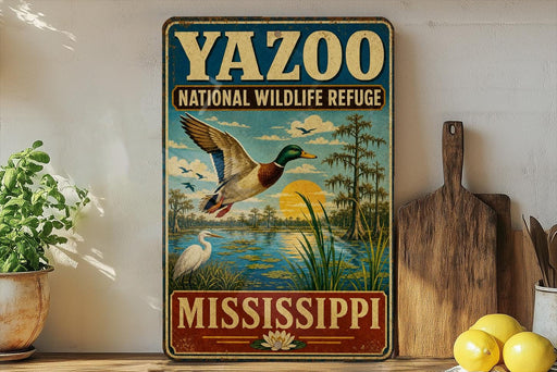 A vintage-style metal sign for the YAZOO NATIONAL WILDLIFE REFUGE in Mississippi, featuring a duck flying over a pond and surrounded by lush greenery.