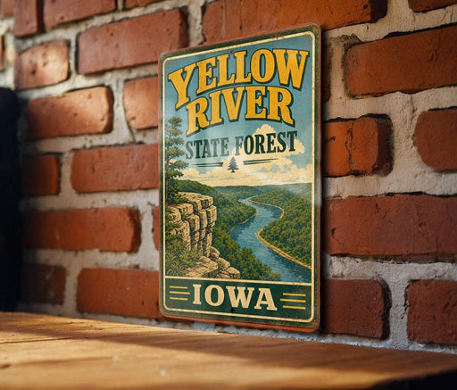 A vintage-style metal sign for the Yellow River State Forest in Iowa, featuring a scenic illustration of the river and surrounding landscape.