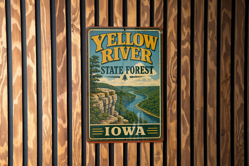 A vintage-style metal sign for the Yellow River State Forest in Iowa, featuring a scenic illustration of the river and surrounding landscape.
