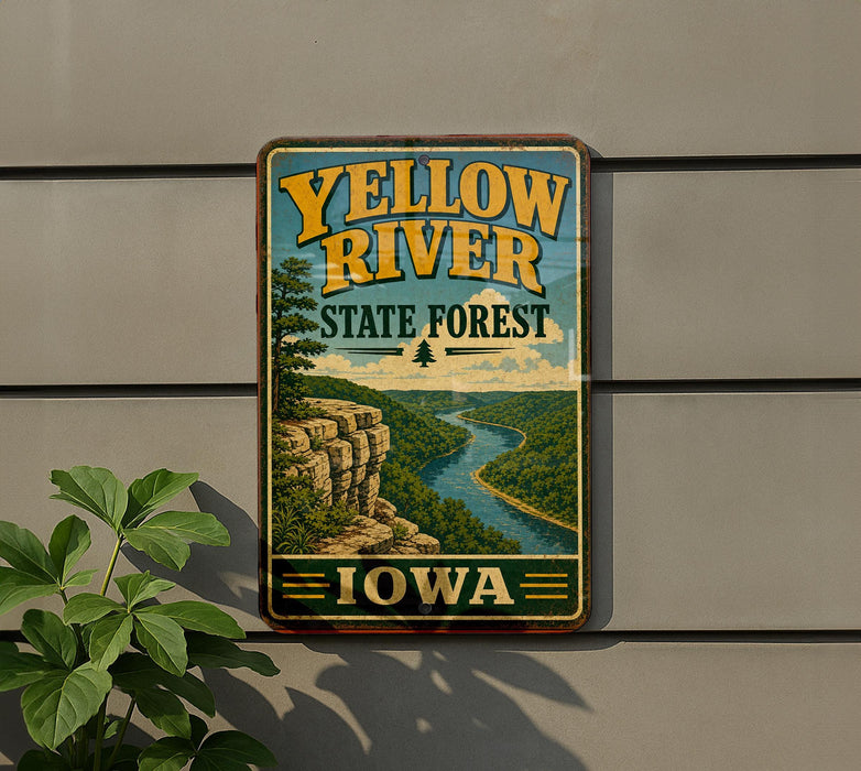 A vintage-style metal sign for the Yellow River State Forest in Iowa, featuring a scenic illustration of a river and mountains.