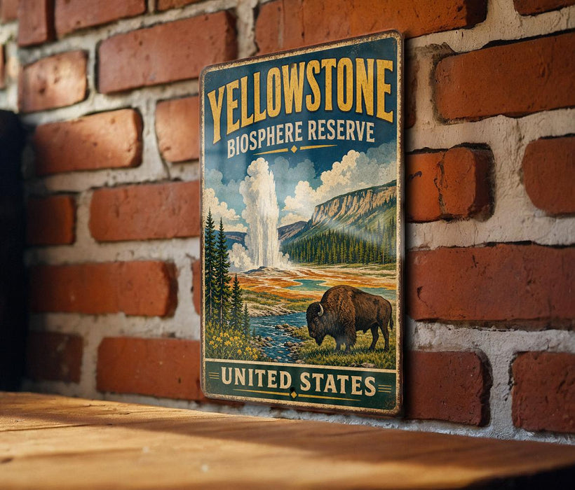 A vintage-style metal sign for Yellowstone Biosphere Reserve, featuring a bison in a grassy field with a geyser in the background, mounted on a brick wall.