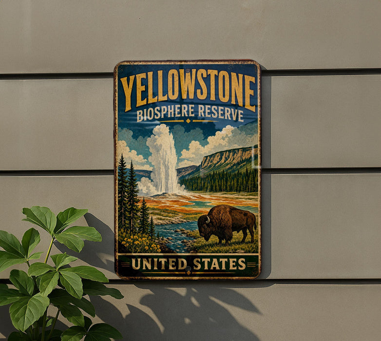 A vintage-style sign for Yellowstone Biosphere Reserve, featuring a bison in a scenic landscape with a geyser and mountains in the background.
