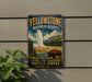 A vintage-style sign for Yellowstone Biosphere Reserve, featuring a bison in a scenic landscape with a geyser and mountains in the background.
