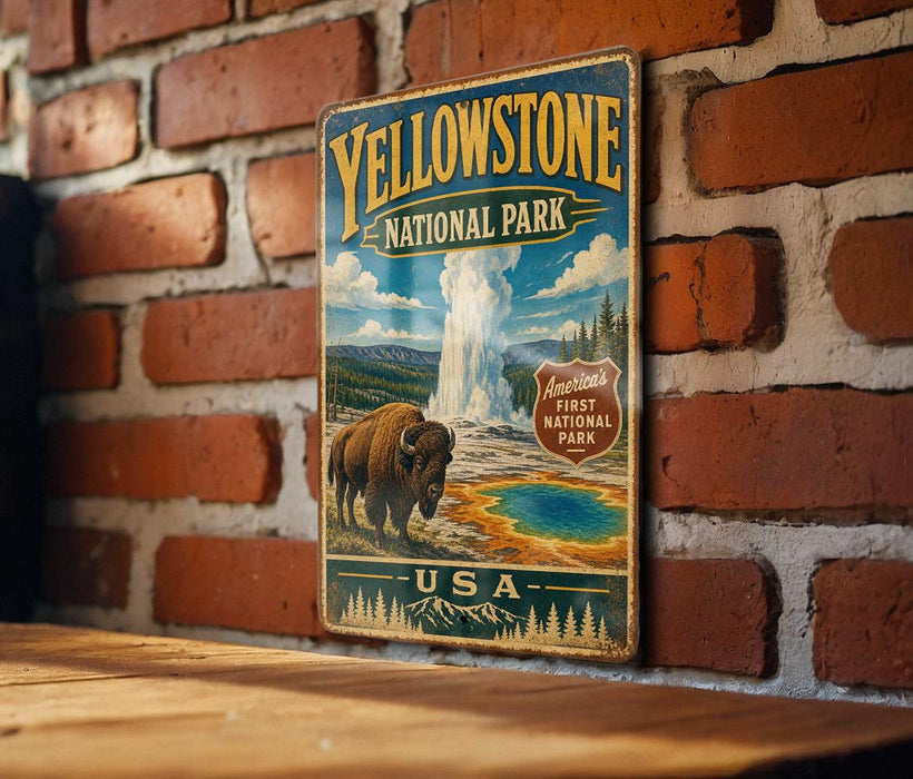 A vintage-style metal sign for Yellowstone National Park, featuring an illustration of a bison and the iconic geyser.