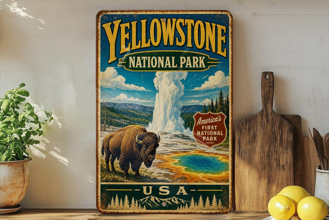 A vintage-style sign for Yellowstone National Park, featuring a bison and a geyser, is displayed on a wooden shelf next to a wooden cutting board and some lemons.