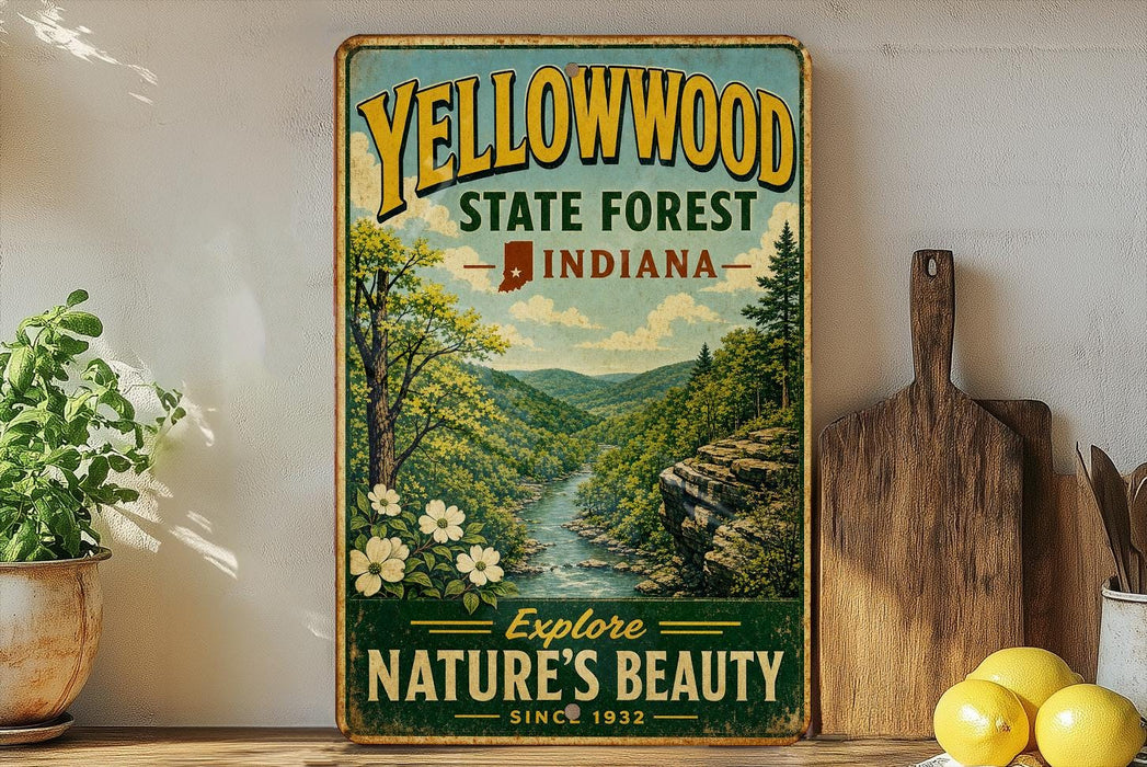A vintage-style sign for the Yellowwood State Forest in Indiana, featuring a scenic landscape with a river and mountains.