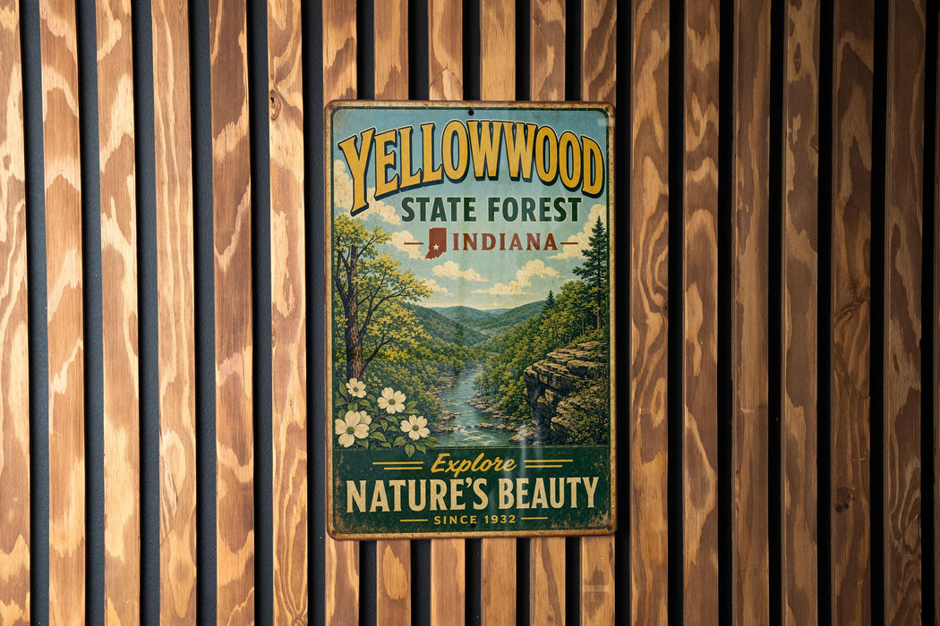 A vintage-style sign for the Yellowwood State Forest in Indiana, featuring a scenic image of a forest and a river.