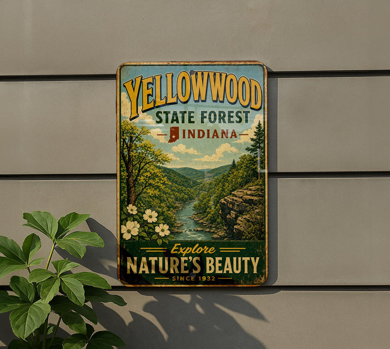 A vintage-style sign for the Yellowwood State Forest in Indiana, featuring a scenic landscape with a river and trees.