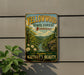 A vintage-style sign for the Yellowwood State Forest in Indiana, featuring a scenic landscape with a river and trees.