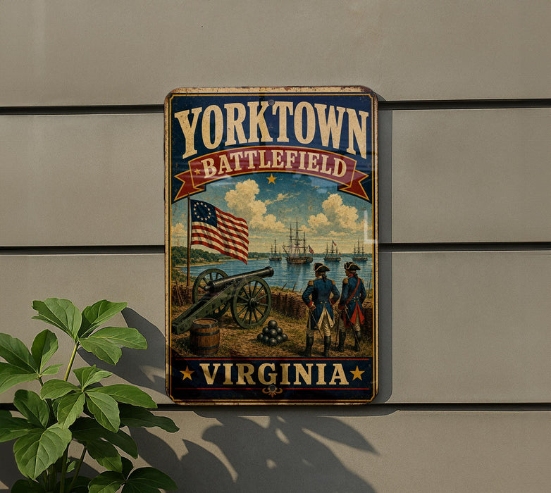 A vintage-style metal sign with the text "YORKTOWN BATTLEFIELD VIRGINIA" and an illustration of a cannon, two soldiers, and an American flag.