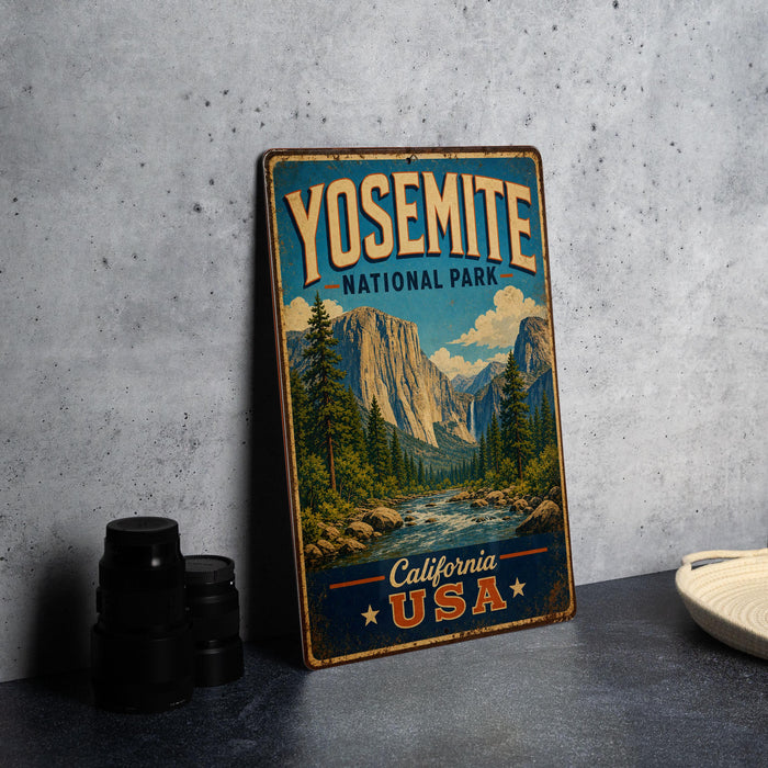 A vintage-style metal sign for Yosemite National Park, featuring a scenic landscape with mountains, trees, and a river.