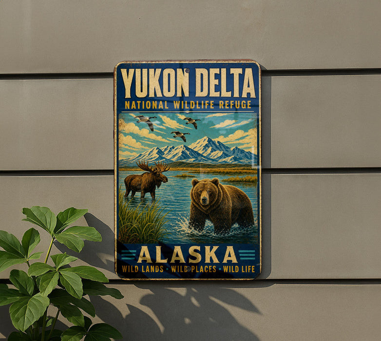 A vintage-style sign for Yukon Delta National Wildlife Refuge in Alaska, featuring a moose and a bear in a scenic landscape with mountains and water.