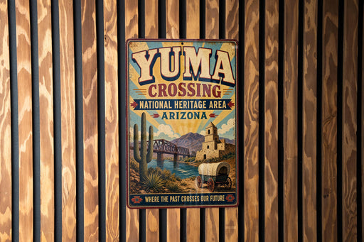 A vintage-style metal sign for Yuma Crossing, a National Heritage Area in Arizona, featuring a desert landscape with a bridge and a wagon.
