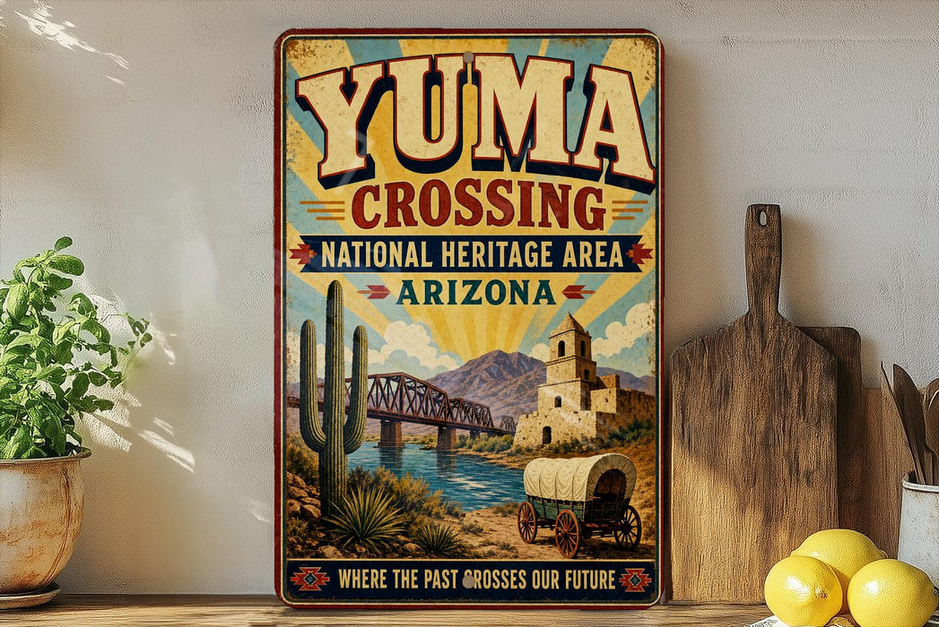 A vintage-style sign for Yuma Crossing, a National Heritage Area in Arizona, featuring a desert landscape with a bridge, cacti, and a wagon.