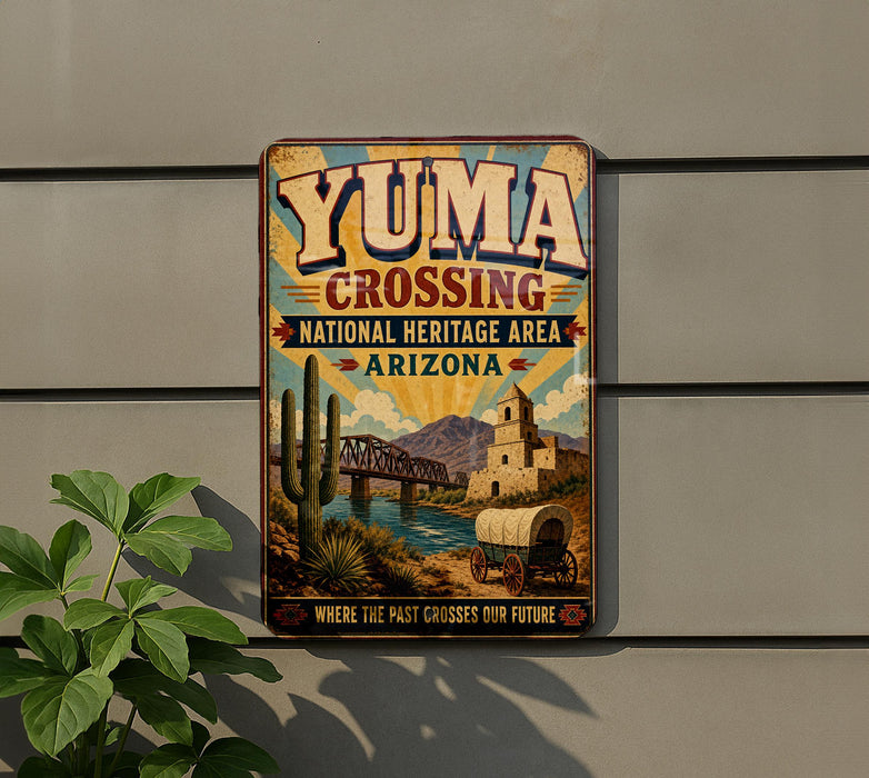 A vintage-style sign for Yuma Crossing, a National Heritage Area in Arizona, featuring a desert landscape with a bridge, cactus, and wagon.