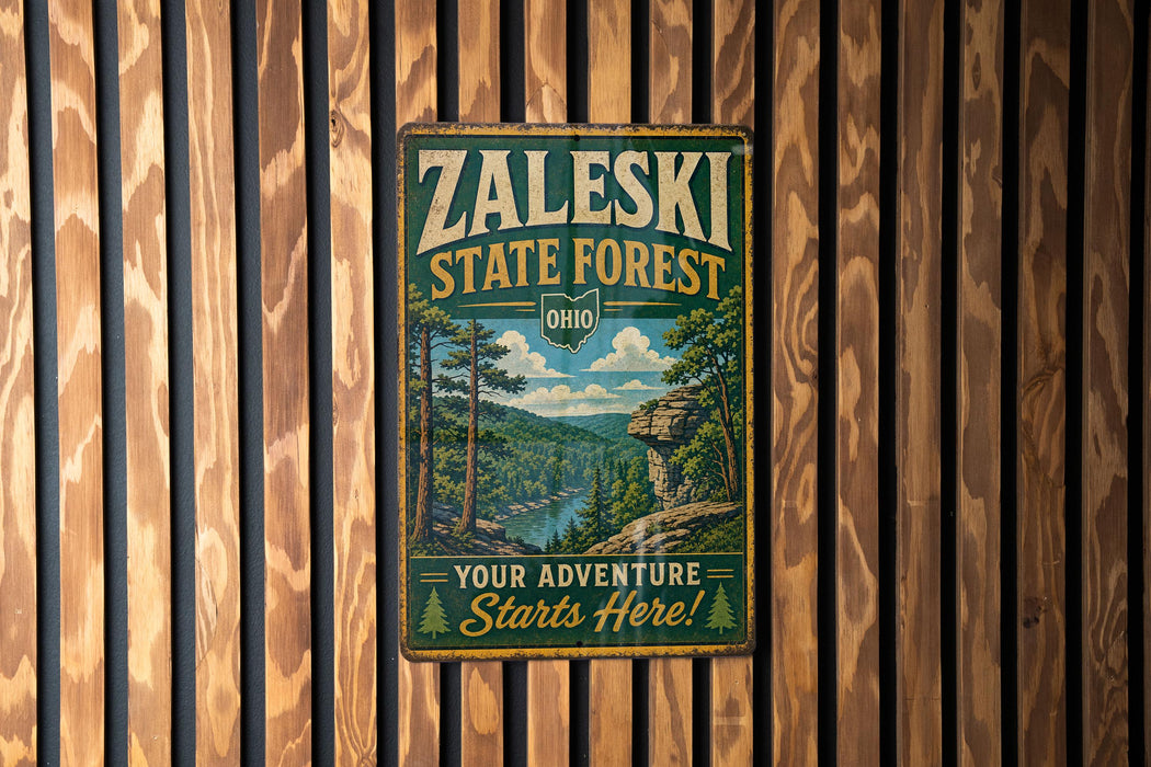 A vintage metal sign for the Zaleski State Forest in Ohio, featuring a scenic landscape with pine trees and a river.