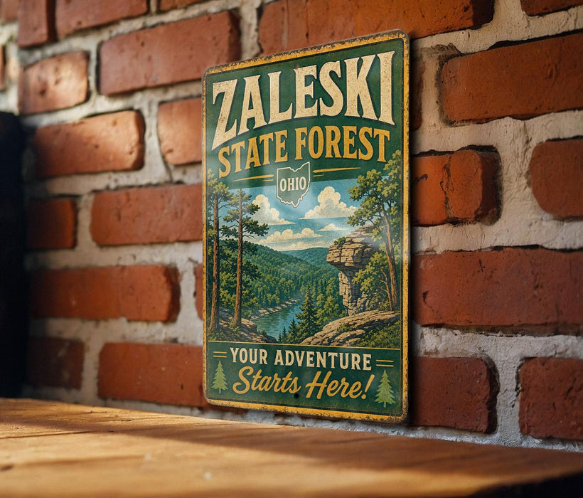 A vintage-style metal sign for the Zaleski State Forest in Ohio, featuring a scenic illustration of a forest landscape with a river and a cliff.