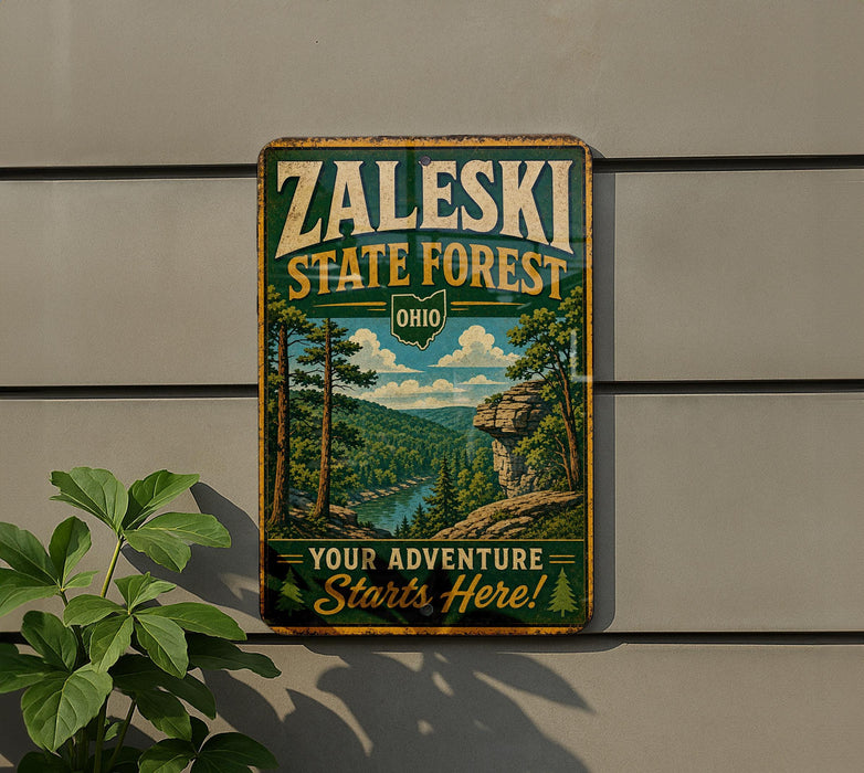 A vintage-style metal sign for the Zaleski State Forest in Ohio, featuring a scenic landscape with pine trees, a river, and mountains.