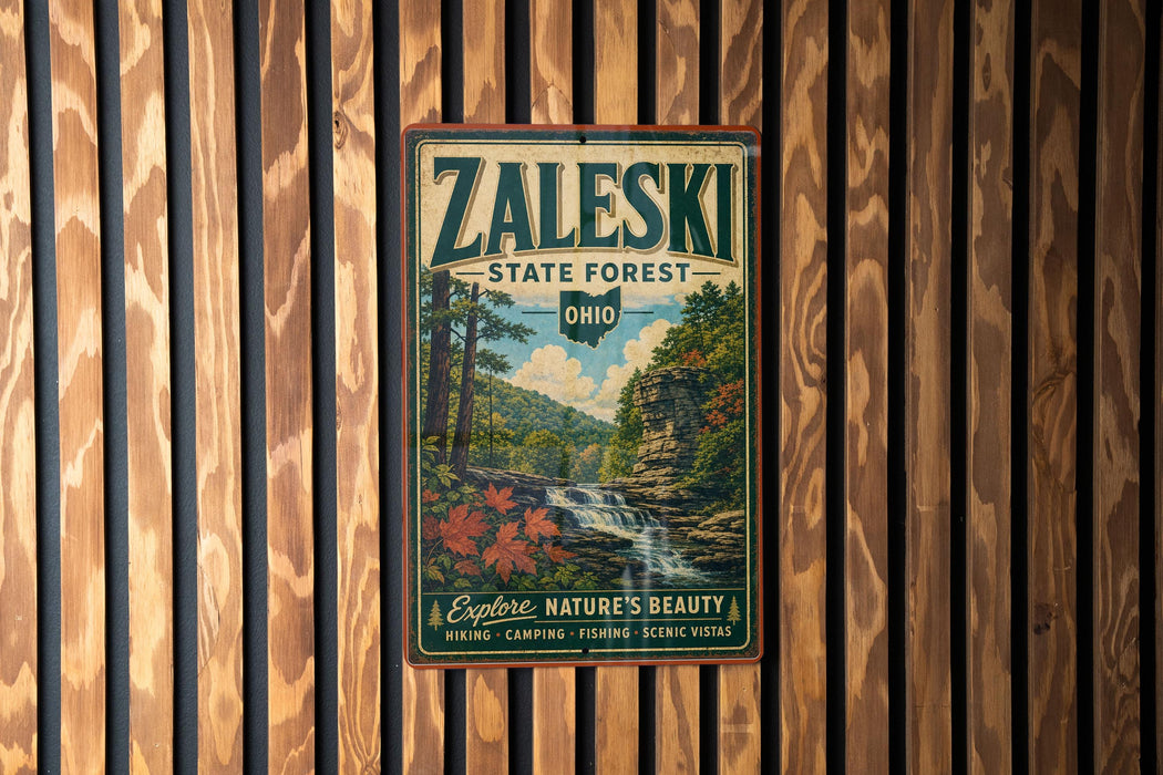 A vintage metal sign for Zaleski State Forest in Ohio, featuring a scenic landscape with a waterfall and pine trees.