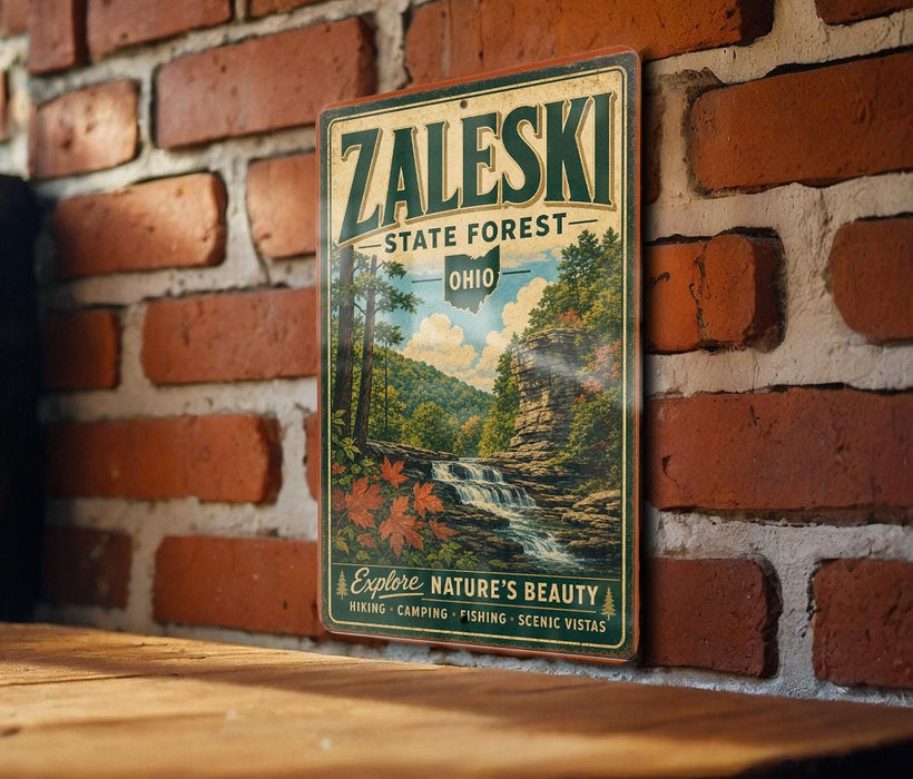 A vintage-style metal sign for the Zaleski State Forest in Ohio, featuring a scenic landscape with a waterfall and autumn foliage.