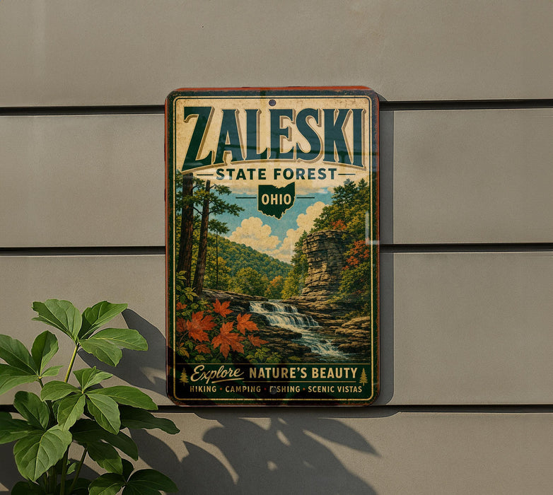 A vintage-style metal sign for Zaleski State Forest in Ohio, featuring a scenic landscape with a waterfall and lush greenery.