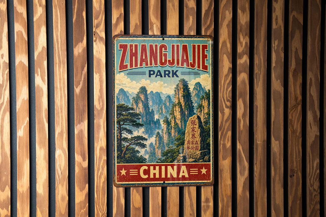 A vintage metal sign with the text "Zhangjiajie Park" and "CHINA" is displayed on a wooden wall.