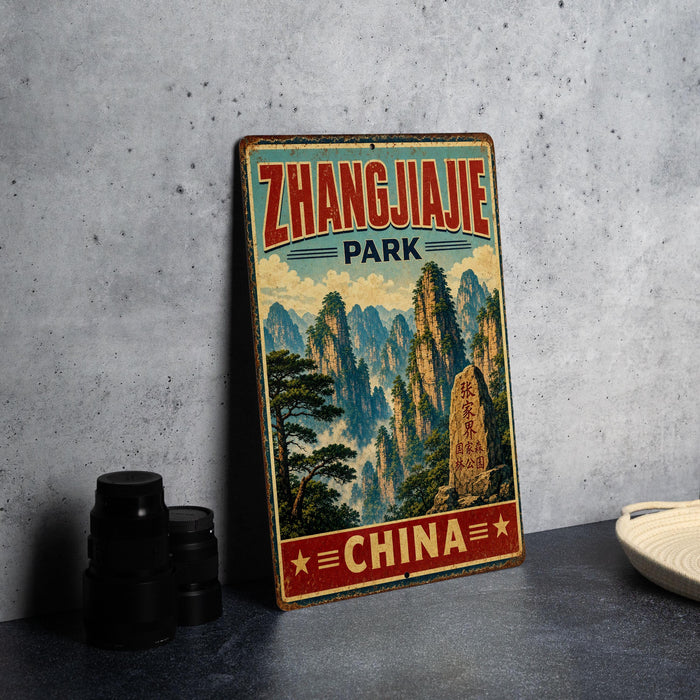 A vintage-style metal sign for "Zhangjie Park" in China, featuring a scenic landscape with mountains and trees.
