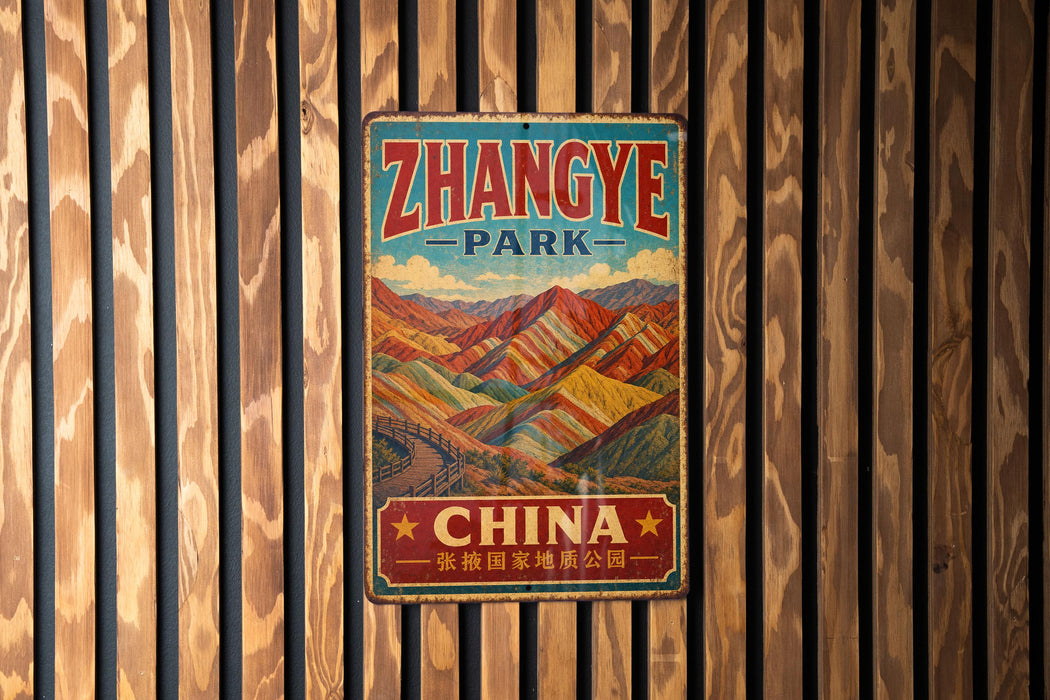 A vintage metal sign with the text "Zhangye Park - China" is displayed on a wooden wall.