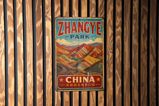 A vintage metal sign with the text "Zhangye Park - China" is displayed on a wooden wall.