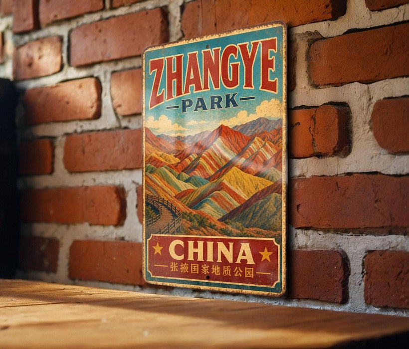 A vintage-style metal sign with the text "Zhangye Park - China" displayed on a brick wall.