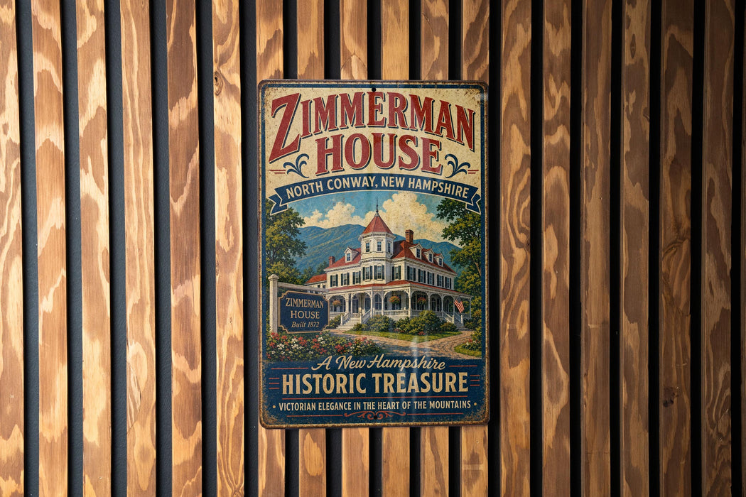 A vintage metal sign for the Zimmerman House, a historic building located in North Conway, New Hampshire.