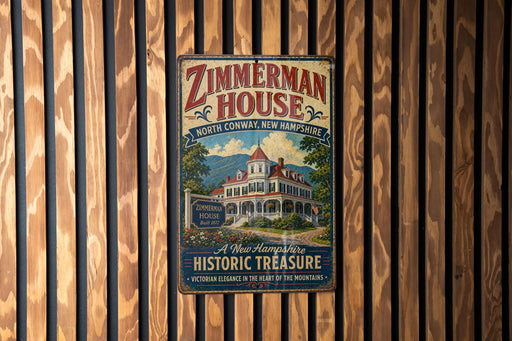 A vintage metal sign for the Zimmerman House, a historic building located in North Conway, New Hampshire.