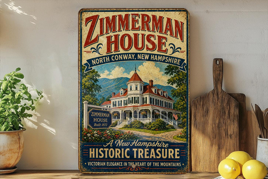 A vintage-style sign for the Zimmerman House, a historic building located in North Conway, New Hampshire.