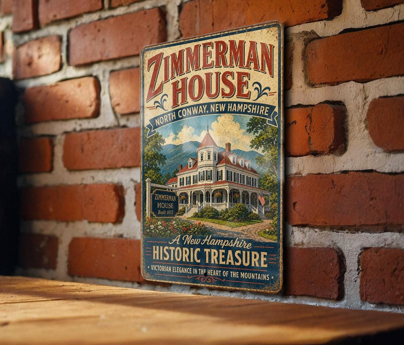 A vintage-style sign for the Zimmerman House, a historic building located in North Conway, New Hampshire.