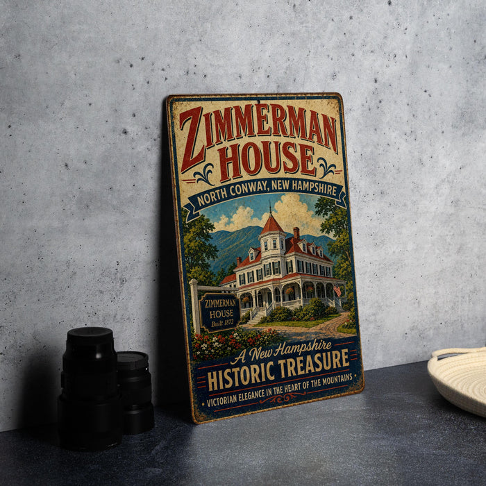 A vintage-style metal sign for the Zimmerman House, a historic building located in North Conway, New Hampshire.