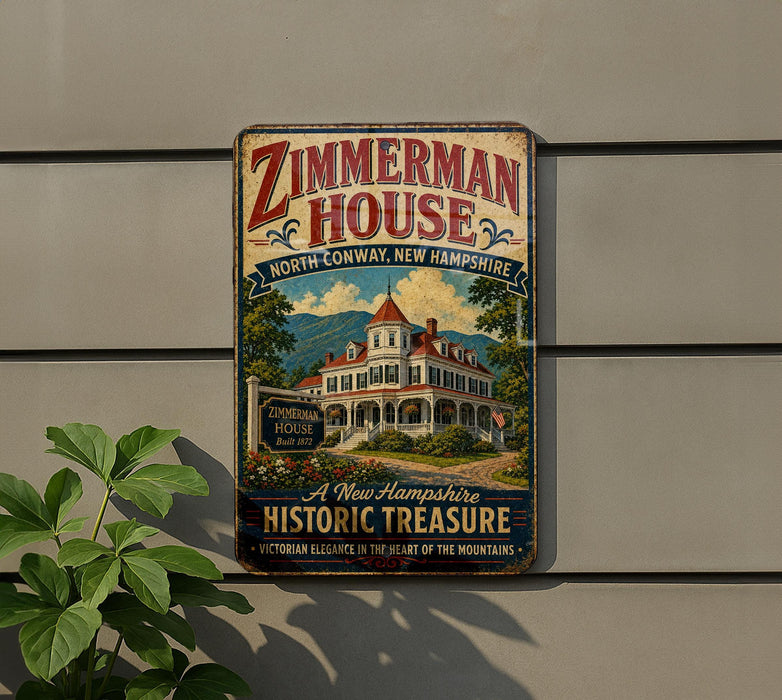 A vintage-style sign for the Zimmerman House, a historic building located in North Conway, New Hampshire.