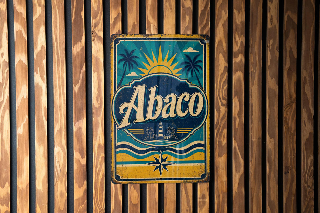A vintage metal sign with the word "Abaco" displayed prominently in the center, featuring a sun and palm trees, is mounted on a wooden wall.