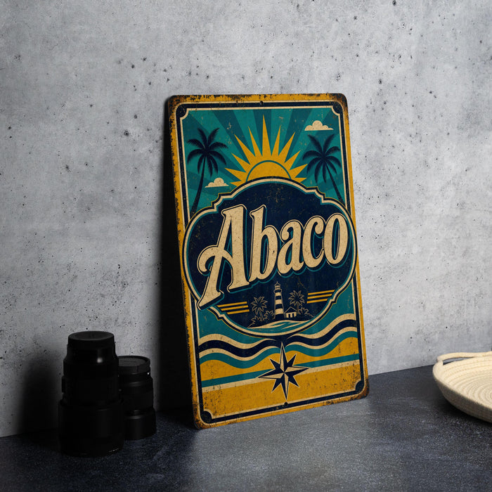 A vintage Abaco sign with a tropical design is displayed on a table, accompanied by a stack of black camera lenses.