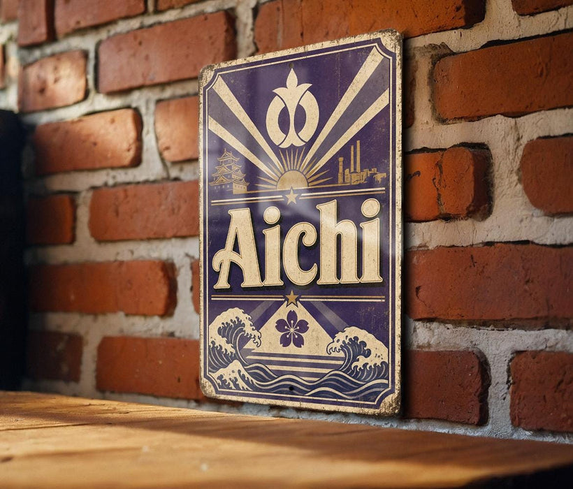 a vintage-style sign with the word "Aichi" prominently displayed, mounted on a brick wall.