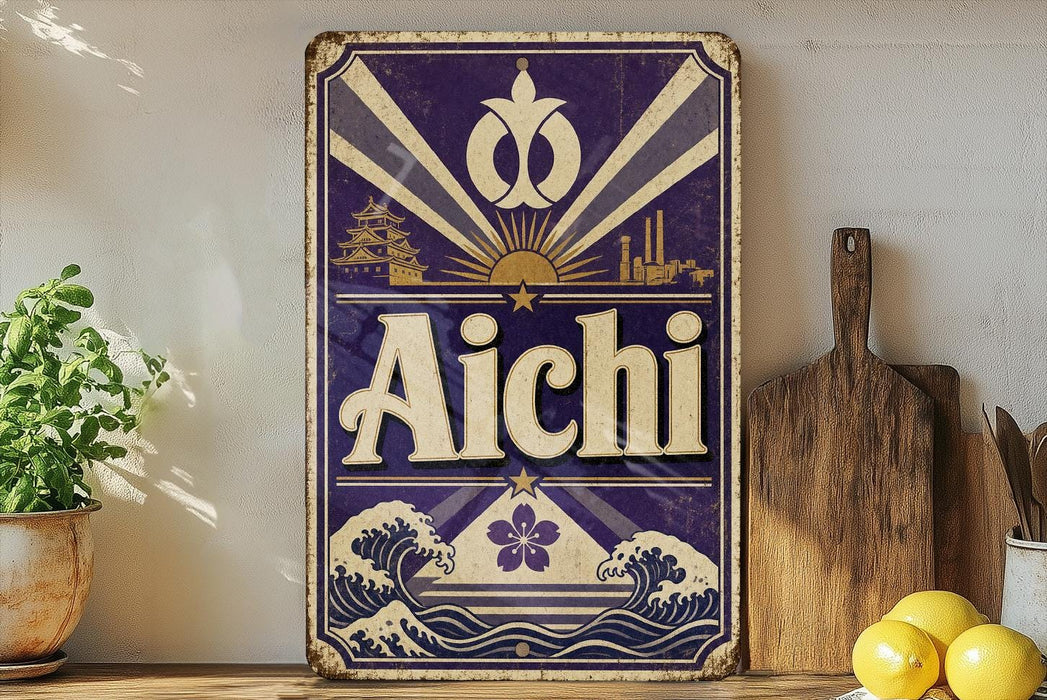 a vintage-style sign with the word "Aichi" prominently displayed, surrounded by various decorative elements such as a sunburst design, waves, and a temple. The sign is placed on a wooden surface, with a potted plant and a wooden cutting board visible in the background.