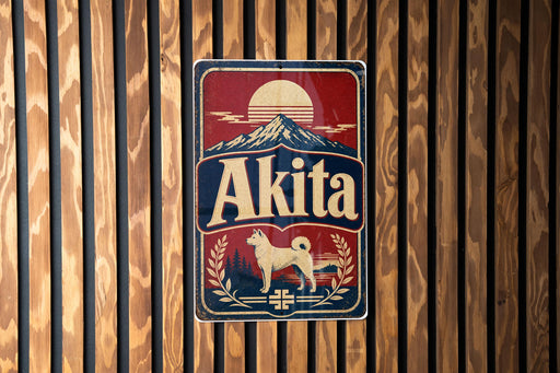 A vintage-style metal sign with the word "Akita" prominently displayed, featuring a dog and a mountain landscape.