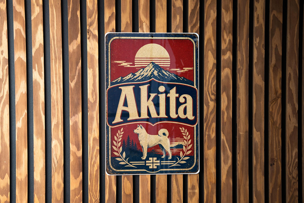 A vintage-style metal sign with the word "Akita" prominently displayed, featuring a dog and a mountain landscape.