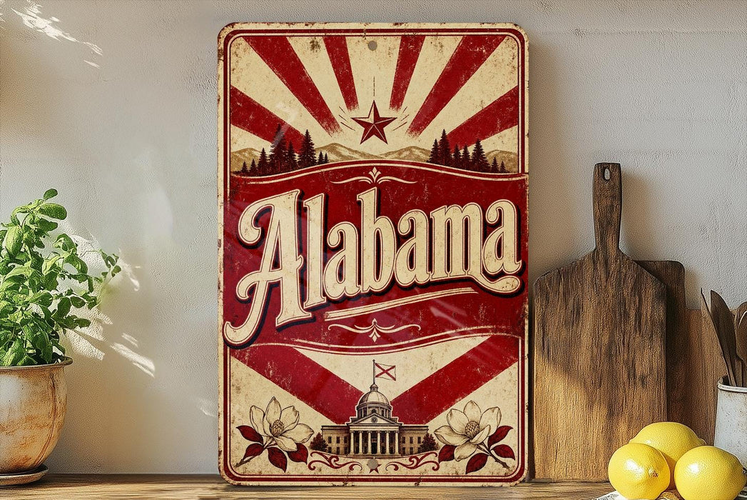 a vintage-style sign with the word "Alaska" prominently displayed, along with a sunburst design and a depiction of a state building. The sign is placed on a wooden surface, surrounded by various kitchen utensils and a potted plant.