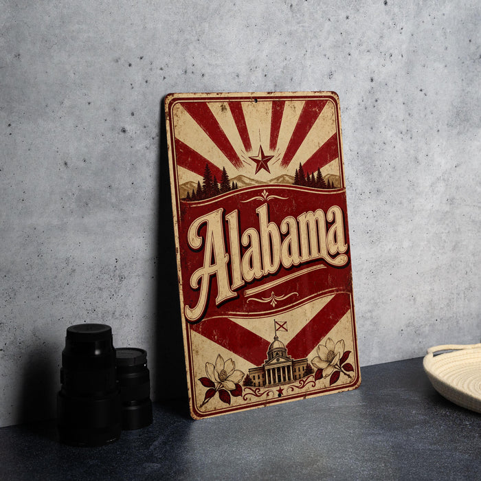 A vintage-style metal sign with the word "Alaska" prominently displayed, featuring a sunburst design and a small building. The sign is placed on a gray surface, with a stack of black camera lenses and a white dish visible in the background.