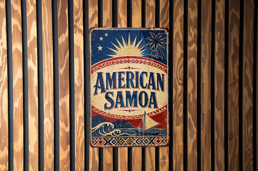 A vintage-style sign for "American Samoa" is displayed on a wooden wall.